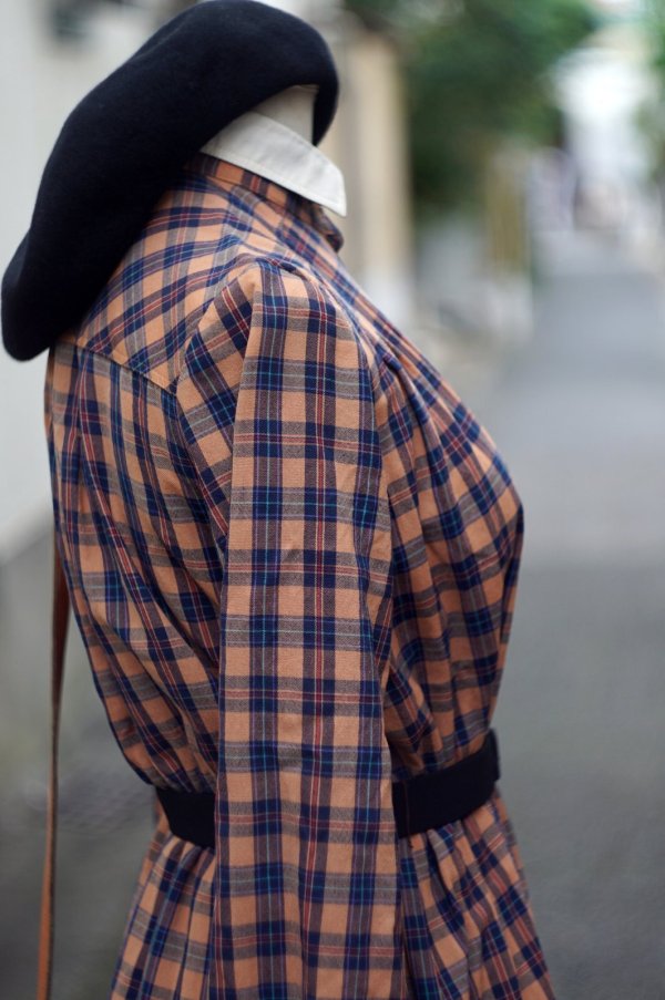 画像8: ”clignancourt” チェック柄 ウール オレンジ×ネイビー 長袖 レトロワンピース レギュラーカラー [20456]