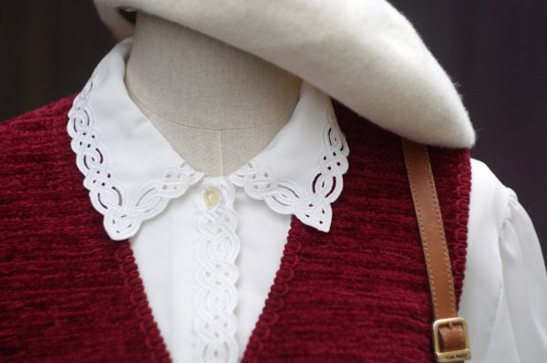 画像2: 無地 ワイン ベスト ノーカラー 前開き [20459]