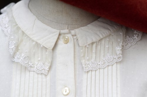他の写真1: "gasville" 無地 白 コットン レーヨン 長袖 ブラウス フリルカラー ピンタック レース[20468]