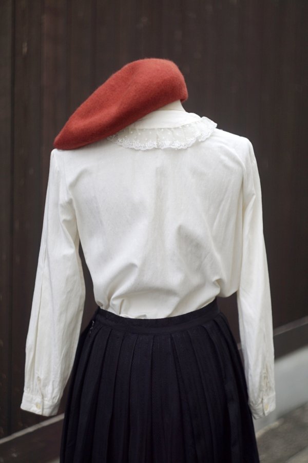 画像7: "gasville" 無地 白 コットン レーヨン 長袖 ブラウス フリルカラー ピンタック レース[20468]