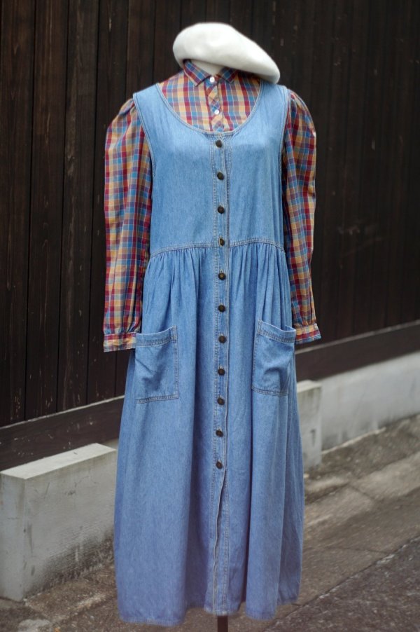 画像2: ’’NORTH WEST BLUE’’ US 袖なし デニム ジャンパースカート フロントボタン  ノーカラー ギャザー[20474]