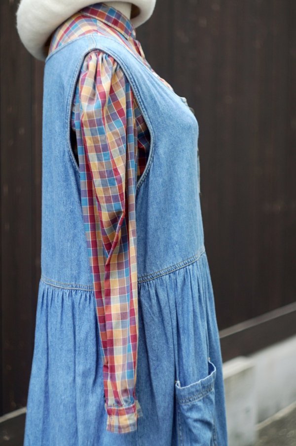 画像9: ’’NORTH WEST BLUE’’ US 袖なし デニム ジャンパースカート フロントボタン  ノーカラー ギャザー[20474]