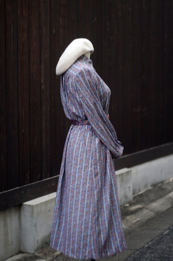 画像3: ”Builddea” ブルー系 ペイズリー柄 長袖 レトロワンピース レギュラーカラー [20472]