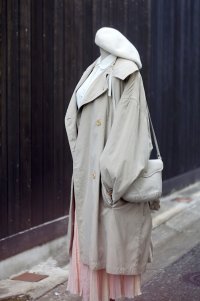 ベージュ×ブラウン系 無地  トレンチコート 腰リボン[20487]