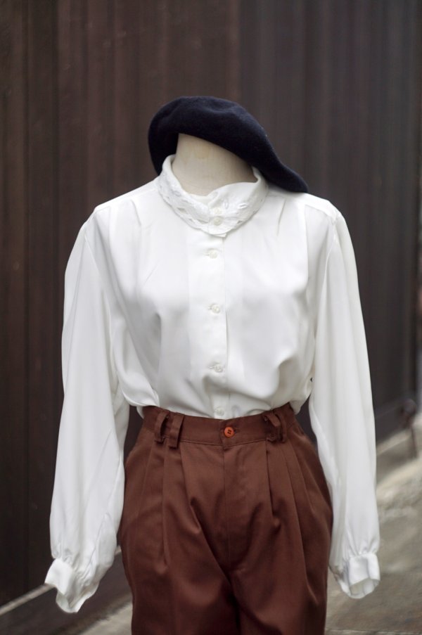 画像1: "Seyuiour" 無地 白 長袖 ブラウス ロールカラー[20489]