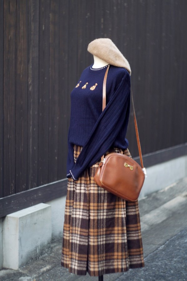 画像4: "yellow club" タータンチェック柄  ブラウン系 スカート フレア w65cm[20494]