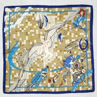 ”HERMES” フランス製 ネイビー×ブラウン系  パラグライダー柄  ミニスカーフ 41cm×41cm[20564]