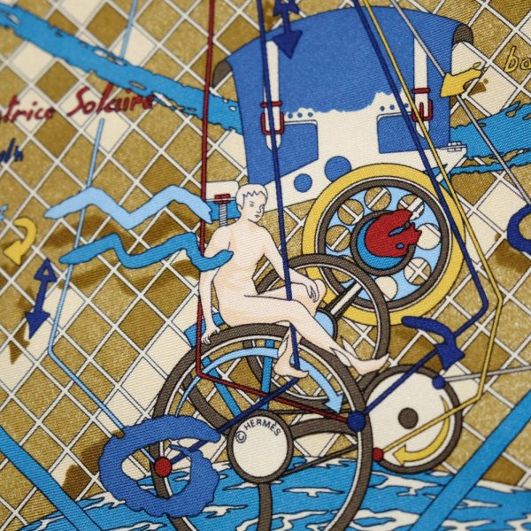 画像7: ”HERMES” フランス製 ネイビー×ブラウン系  パラグライダー柄  ミニスカーフ 41cm×41cm[20564]