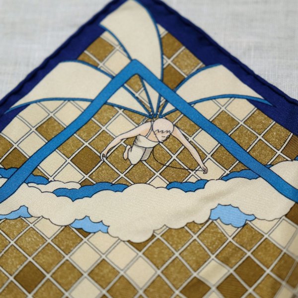 画像9: ”HERMES” フランス製 ネイビー×ブラウン系  パラグライダー柄  ミニスカーフ 41cm×41cm[20564]