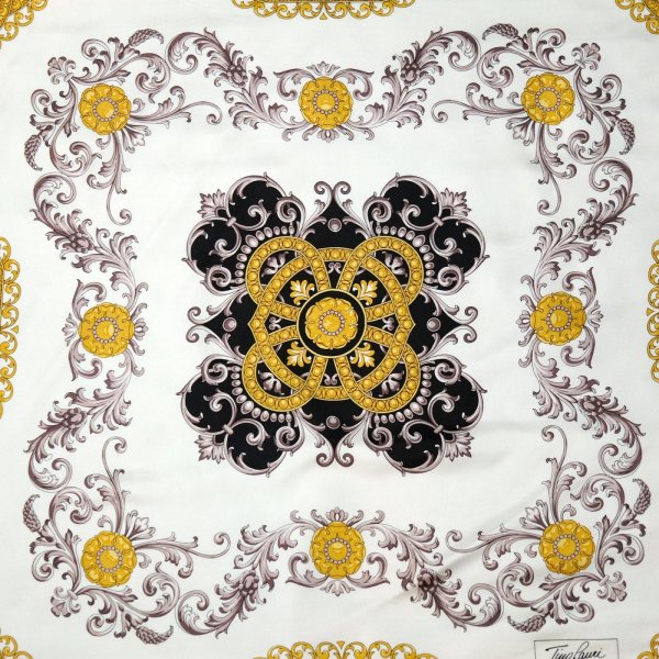 画像2: 黒系 シルク 総柄  スカーフ 86cm×86cm[20552]