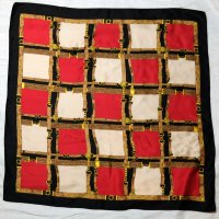 イタリア製 黒×赤×白  チェック柄  スカーフ 91cm×91cm[20561]