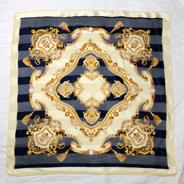 画像1: "codello" ネイビー×クリーム シルク 総柄 ラメ スカーフ 90cm×90cm[20554]