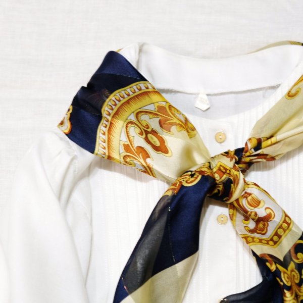 画像7: "codello" ネイビー×クリーム シルク 総柄 ラメ スカーフ 90cm×90cm[20554]