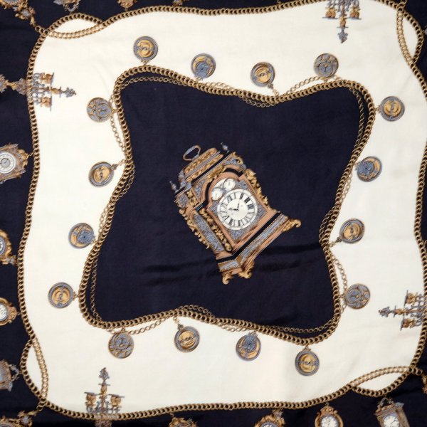 画像2: 黒系 シルク アンティーク時計  スカーフ 77cm×77cm[20550]