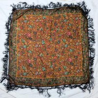 ウール ブラウン系  花柄  スカーフ 128cm×128cm[20562]