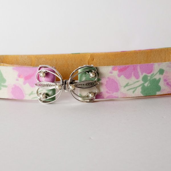 画像1: 花柄 パープル×アイボリー パール アンティークベルト[20480]