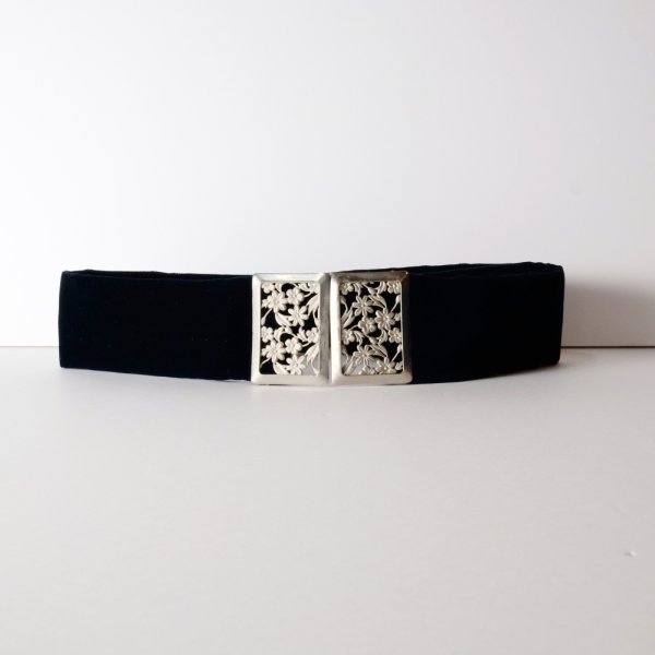画像2: 無地 黒系 アンティークベルト お花  ベロア[20476]