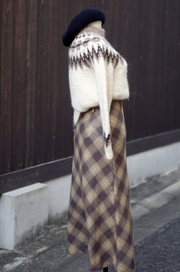 画像5: チェック柄 ウール ブラウン系  スカート セミタイト w63cm[20513]