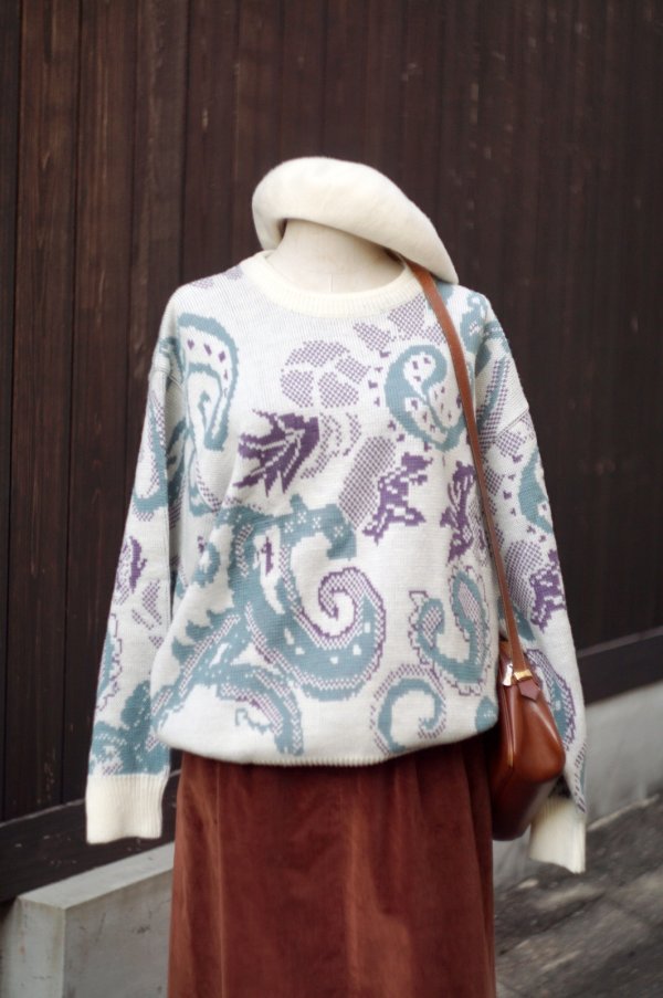 画像1: ”SUNGRIA” 白系 ウール混 エスニック柄 ニット ラウンドネック[20515]