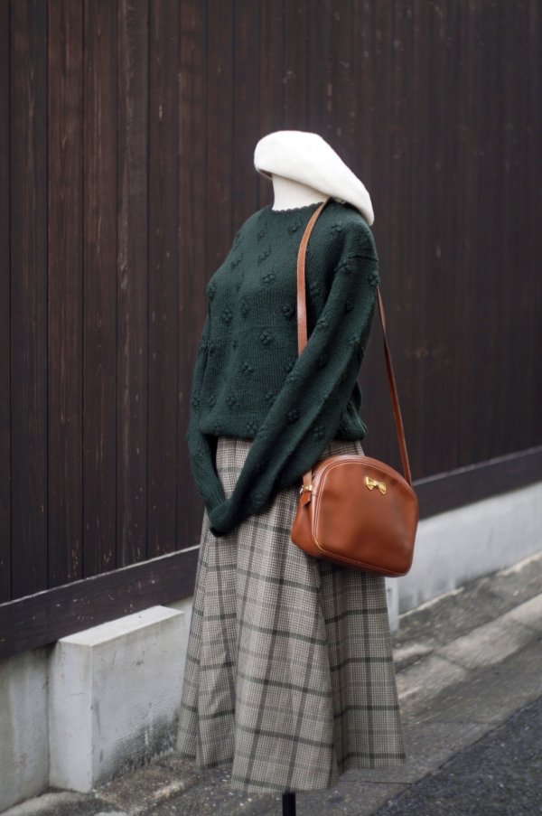 画像5: ”ELMIDAS” グレンチェック柄 ウール カーキ系 スカート フレア w64cm[20507]