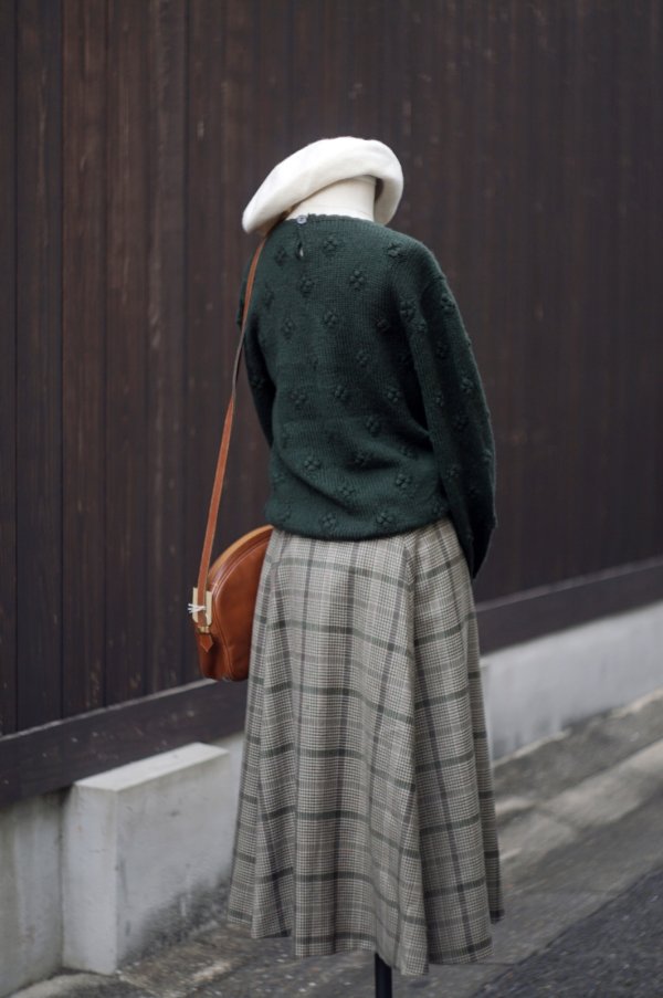 画像8: ”ELMIDAS” グレンチェック柄 ウール カーキ系 スカート フレア w64cm[20507]