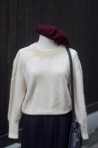 ”CORDIER” 無地 アイボリー系 ウール ニット セーター ラウンドネック パール [20506]