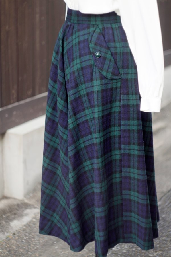 画像3: タータンチェック柄 ウール ネイビー×グリーン スカート フレア w65cm[20523]