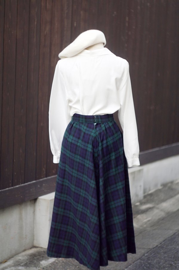画像6: タータンチェック柄 ウール ネイビー×グリーン スカート フレア w65cm[20523]