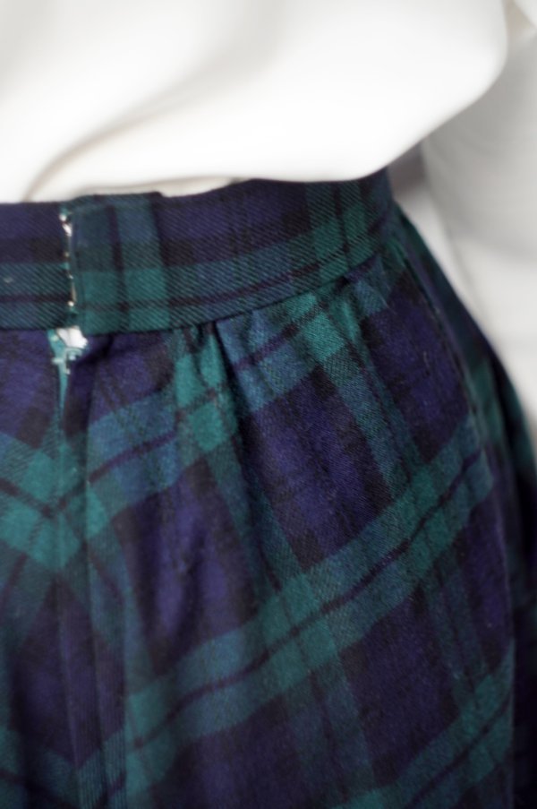 画像4: タータンチェック柄 ウール ネイビー×グリーン スカート フレア w65cm[20523]