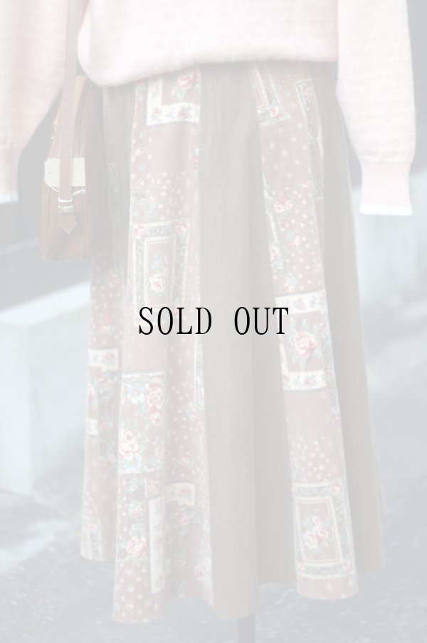 画像2: "BUSTIER" ブラウン コットン 花柄 スカート フレア コーデュロイ w63cm[20532]