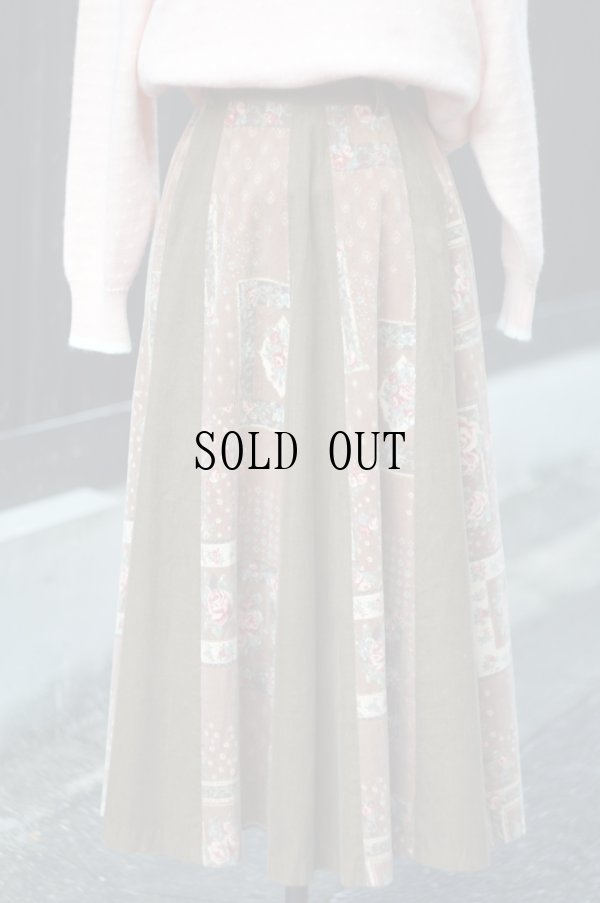 画像1: "BUSTIER" ブラウン コットン 花柄 スカート フレア コーデュロイ w63cm[20532]