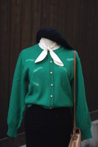 無地 パンプス柄 グリーン ウール混 ニット カーディガン[20531]