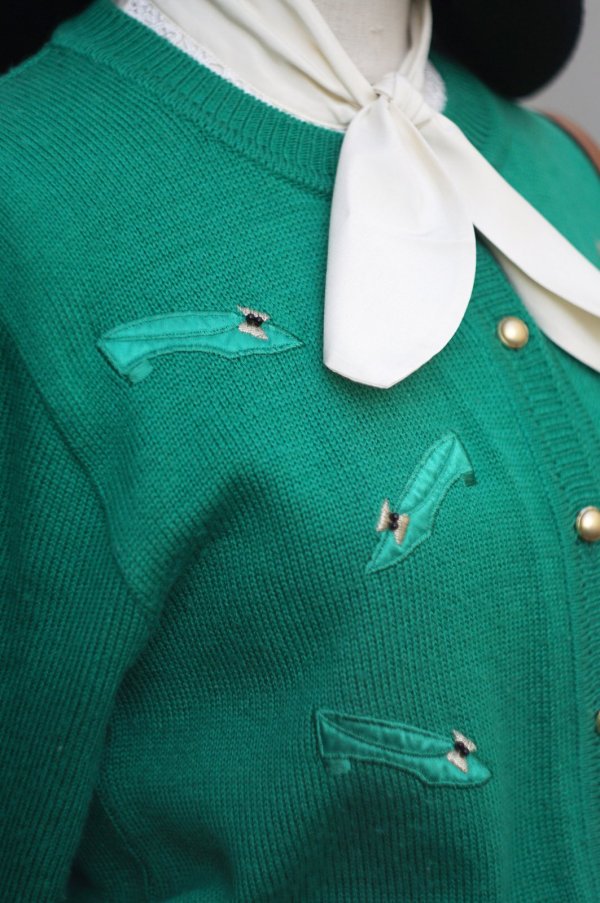 画像3: 無地 パンプス柄 グリーン ウール混 ニット カーディガン[20531]