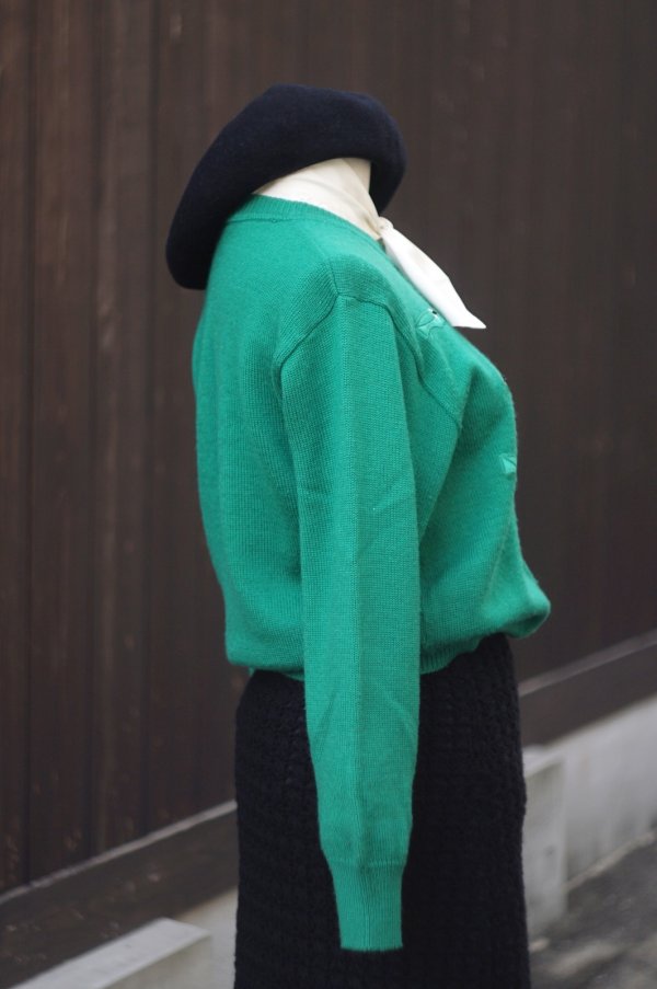 画像6: 無地 パンプス柄 グリーン ウール混 ニット カーディガン[20531]