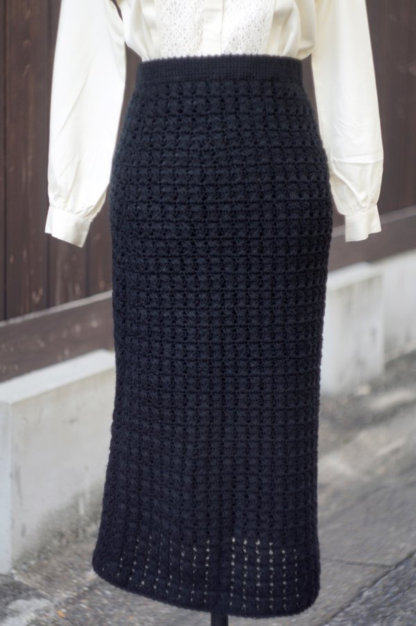 画像1: 無地  黒系 スカート タイト かぎ編み w63cm[20533]