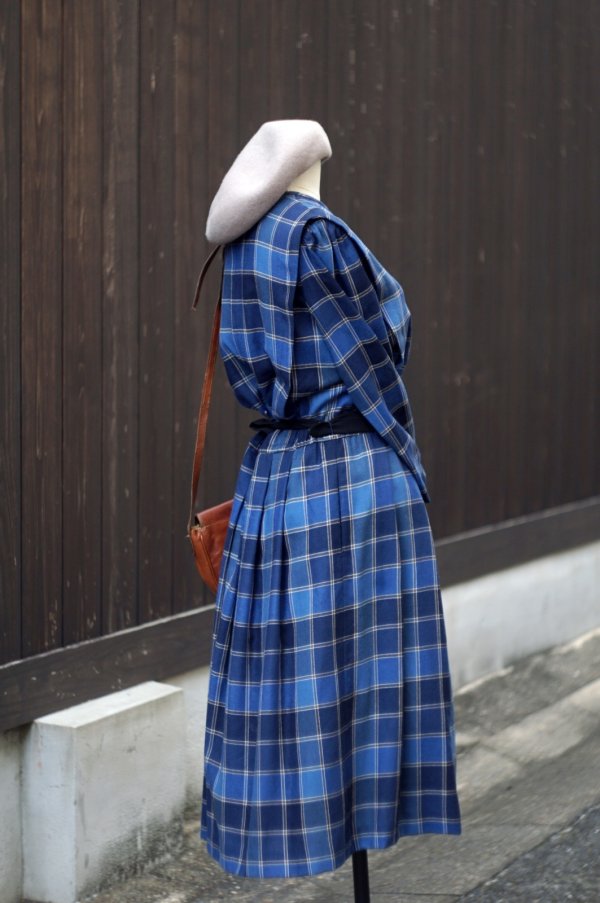 画像3: ”mammina” チェック柄 ウール混 ブルー系 長袖 レトロワンピース ラウンドネック プリーツ [20539]