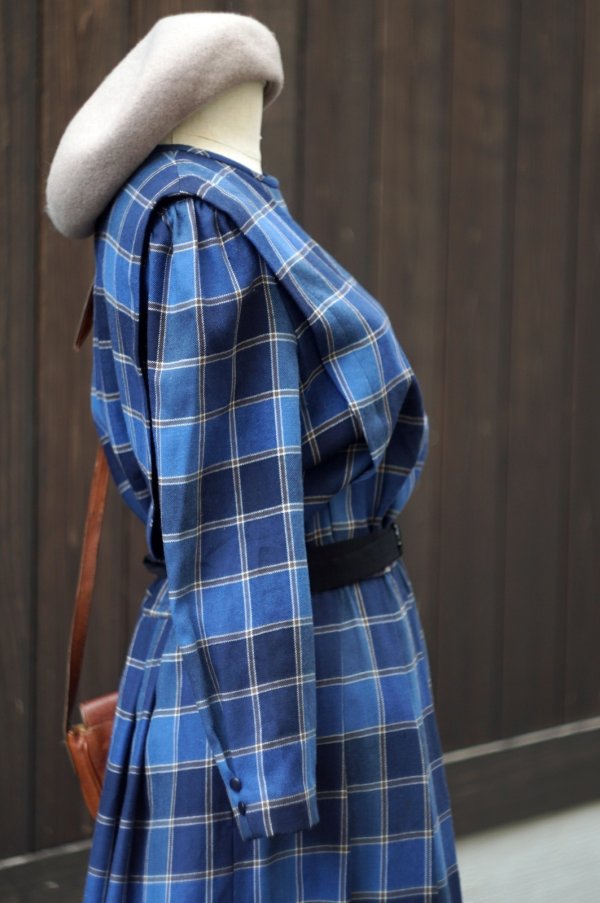 画像8: ”mammina” チェック柄 ウール混 ブルー系 長袖 レトロワンピース ラウンドネック プリーツ [20539]