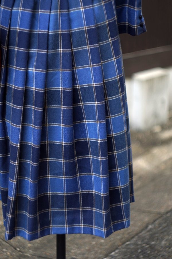 画像11: ”mammina” チェック柄 ウール混 ブルー系 長袖 レトロワンピース ラウンドネック プリーツ [20539]