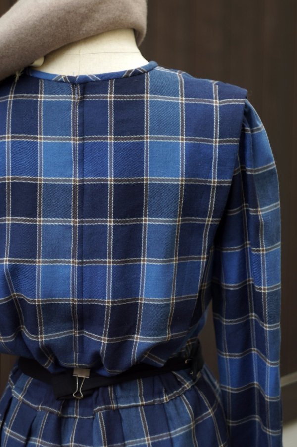 画像10: ”mammina” チェック柄 ウール混 ブルー系 長袖 レトロワンピース ラウンドネック プリーツ [20539]