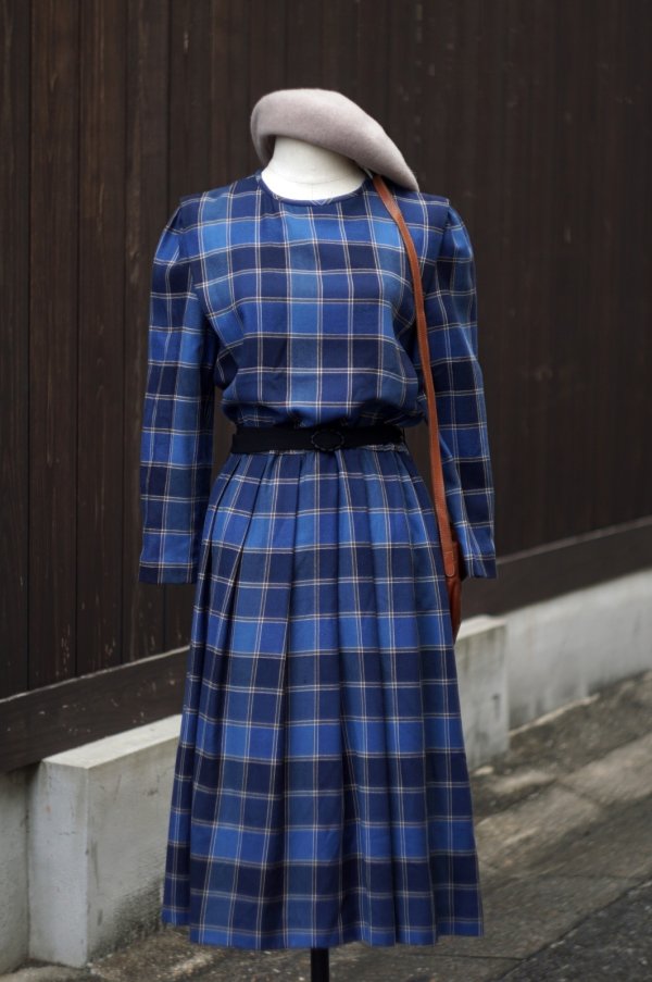 画像2: ”mammina” チェック柄 ウール混 ブルー系 長袖 レトロワンピース ラウンドネック プリーツ [20539]