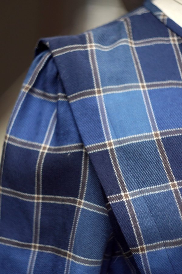 画像6: ”mammina” チェック柄 ウール混 ブルー系 長袖 レトロワンピース ラウンドネック プリーツ [20539]