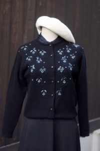 無地 黒 ウール混 ニット カーディガン [20565]