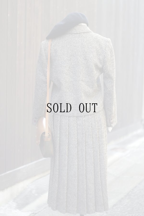 画像3: ブラウン×ベージュ ストライプ柄 ツイード ジャケット&スカート ツーピース セットアップ [20578]