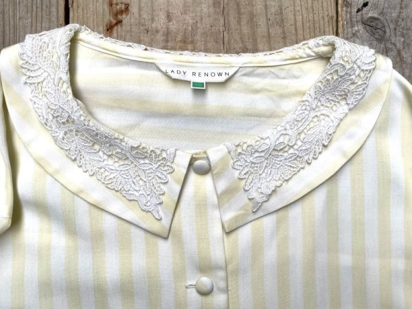 画像6: ストライプ 白×ライトイエロー 長袖 ブラウス ダブルカラー 胸ポケット [16770]