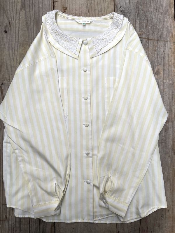 画像3: ストライプ 白×ライトイエロー 長袖 ブラウス ダブルカラー 胸ポケット [16770]