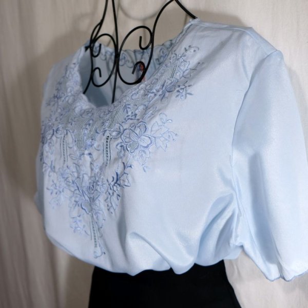 画像6: 無地 水色 半袖 ブラウス ノーカラー [16325]