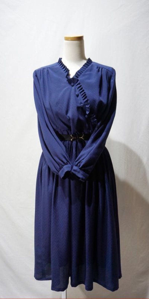 画像3: ドット柄 ネイビー 長袖 レトロワンピース フリルカラー[56453]