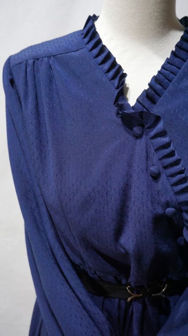 画像4: ドット柄 ネイビー 長袖 レトロワンピース フリルカラー[56453]