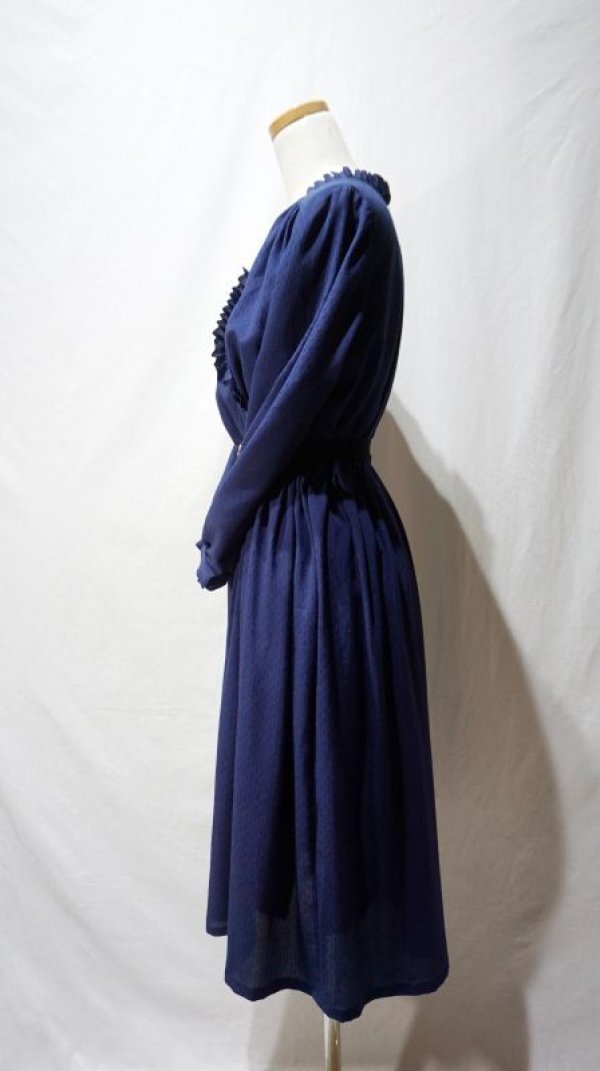 画像7: ドット柄 ネイビー 長袖 レトロワンピース フリルカラー[56453]