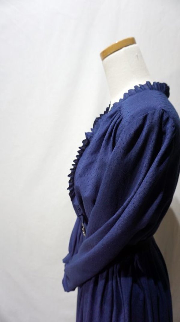 画像8: ドット柄 ネイビー 長袖 レトロワンピース フリルカラー[56453]